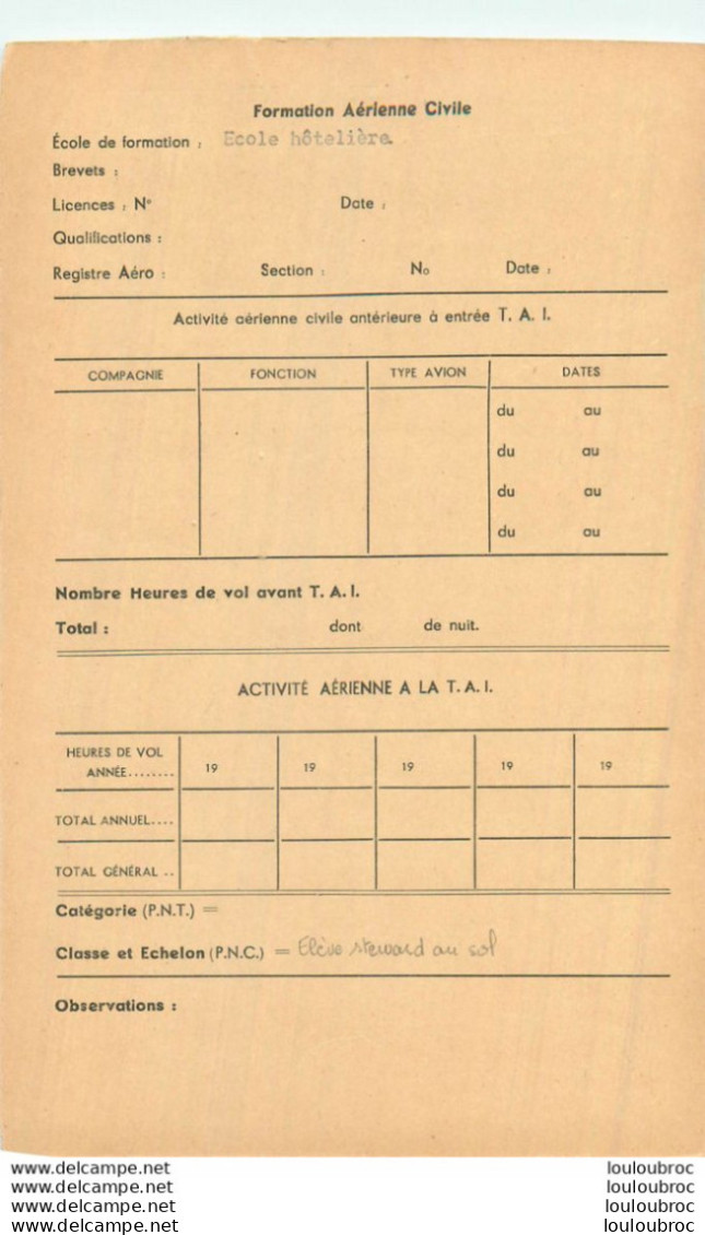 LOT DE10 FICHES  INDIVIDUELLES  MEMBRES  T.A.I. TRANSPORTS AERIENS INTERCONTINENTAUX  AVEC ACTIVITE AERIENNE REF E