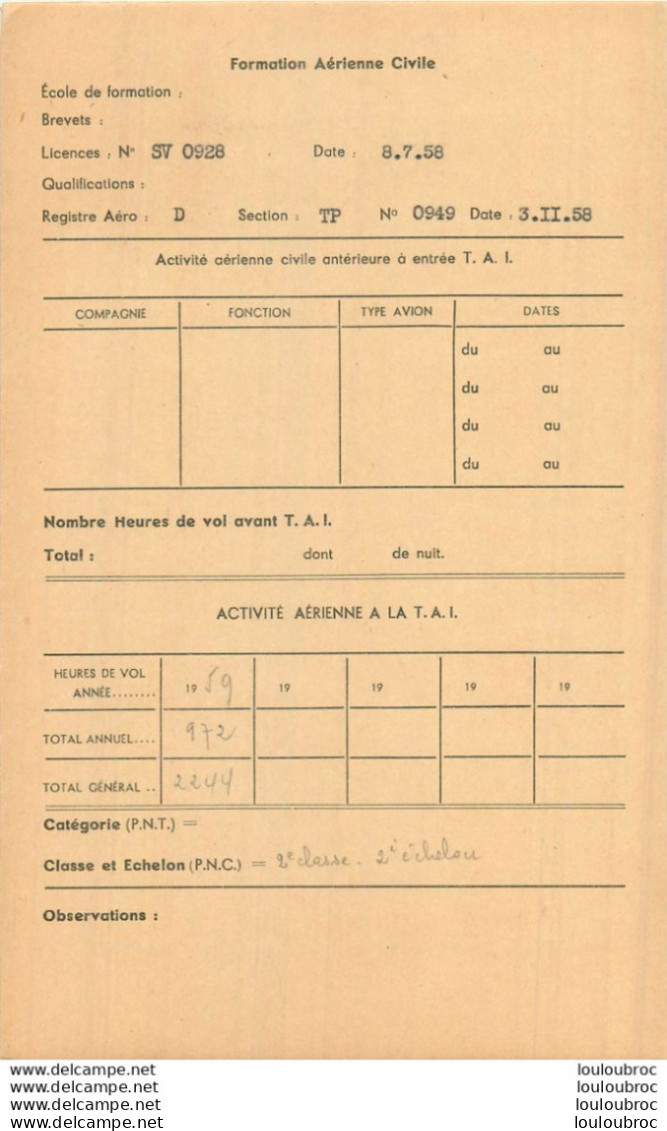 LOT DE10 FICHES  INDIVIDUELLES  MEMBRES  T.A.I. TRANSPORTS AERIENS INTERCONTINENTAUX  AVEC ACTIVITE AERIENNE REF E