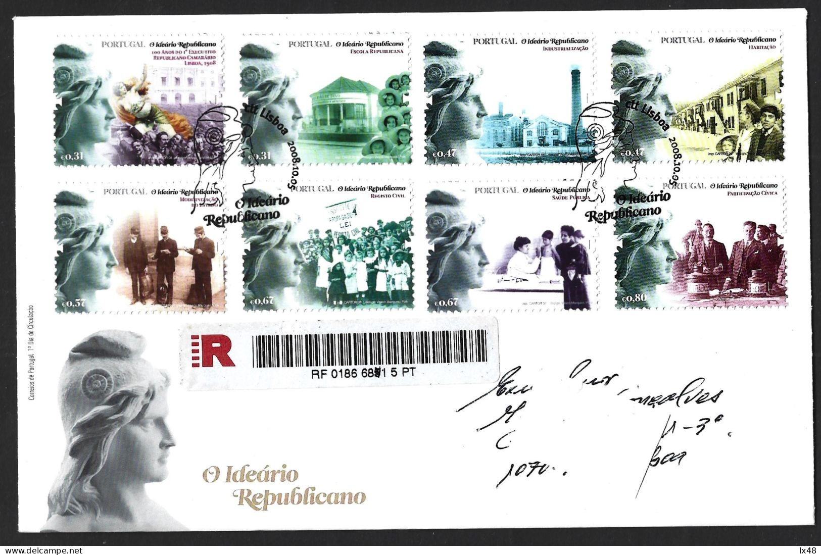 Carta Registada Emissão 'Ideário Republicano' De 2008. Saúde Pública, Escola. Símbolo Da República Portuguesa. - Lettres & Documents