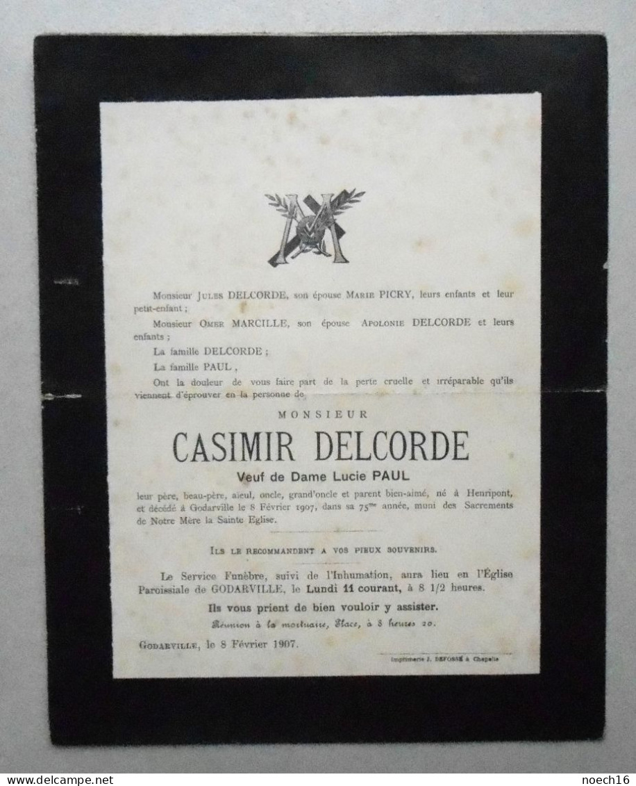 Faire-part 1907 Décès à Godarville De Casimir Delcorte Né à Henripont En 1832 (Braine-Le-Comte/ Chapelle-lez-Herlaimont) - Décès