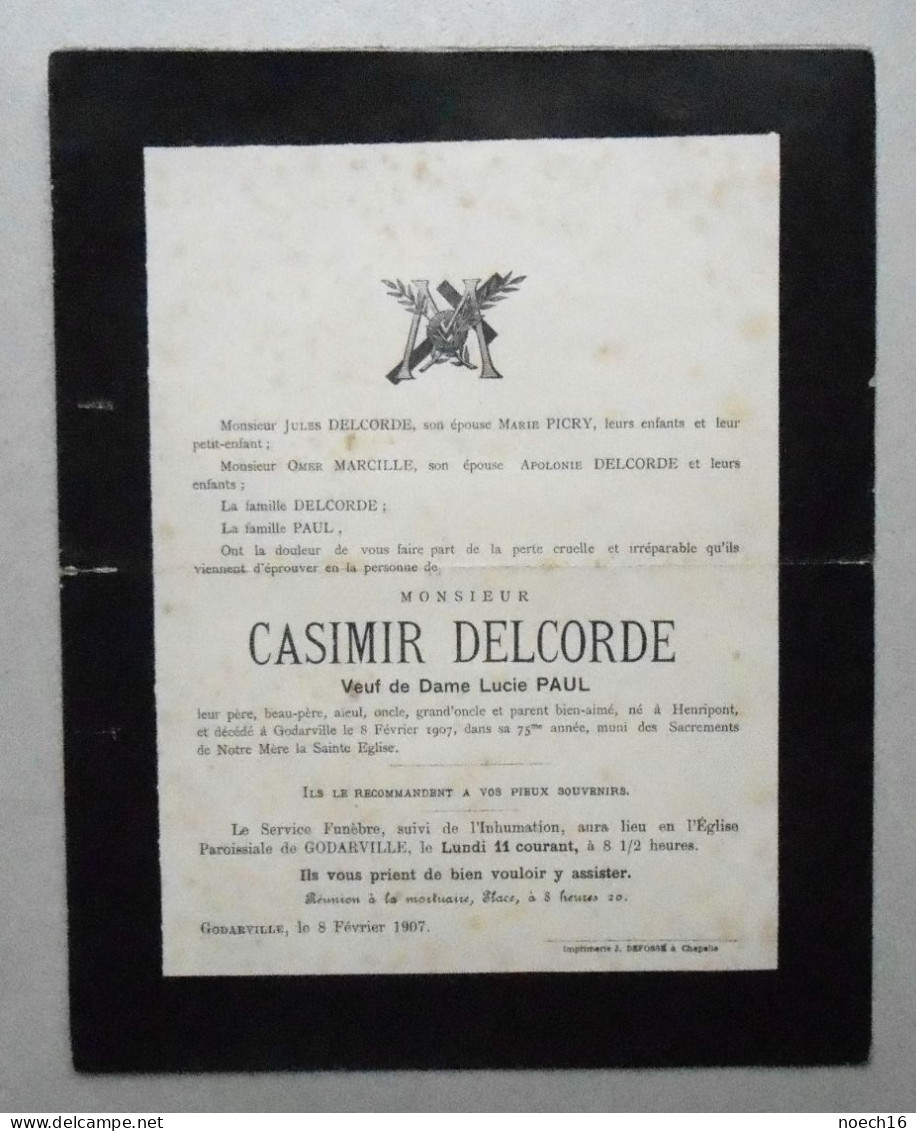 Faire-part 1907 Décès à Godarville De Casimir Delcorte Né à Henripont En 1832 (Braine-Le-Comte/ Chapelle-lez-Herlaimont) - Obituary Notices