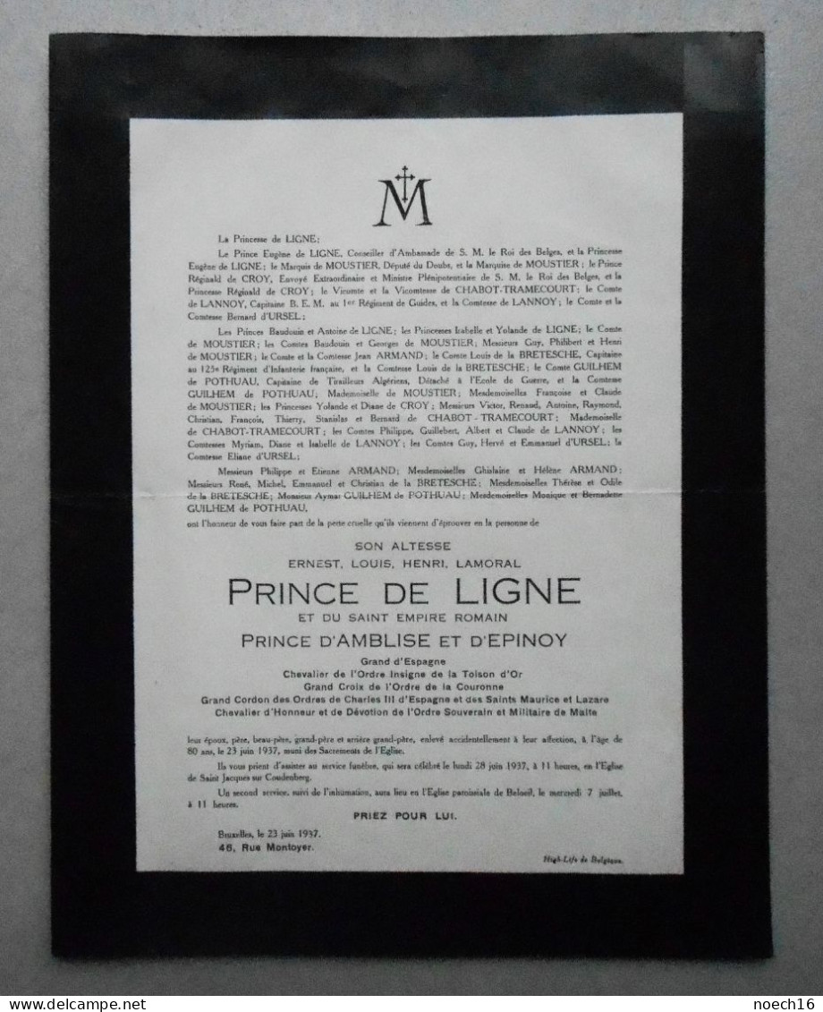 1937 Décès De Son Altesse Ernest Prince De Ligne. Services Funèbres Eglise St Jacques Sur Coudenberg & Eglise De Beloeil - Décès