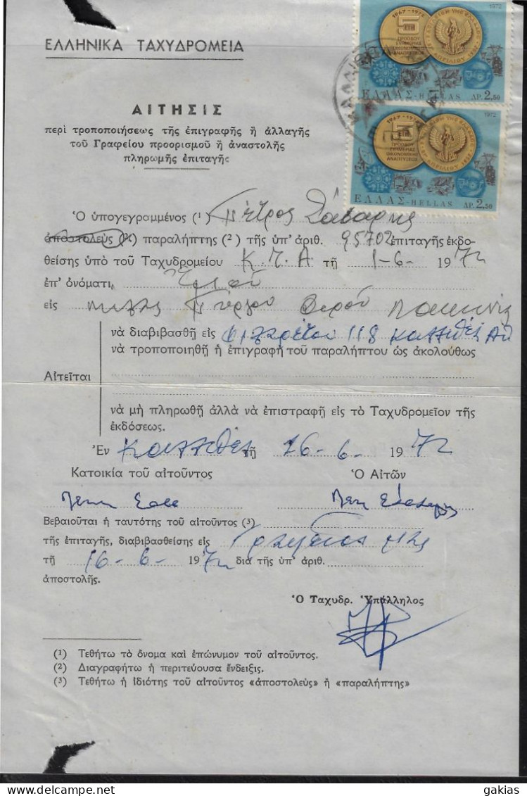 Greece 1972, Pmk ΚΑΛΛΙΘΕΑ ΑΘΗΝΩΝ ΕΠΙΤΑΓΑΙ On Post Form Of Money Order For Special Use. FINE. - Cartas & Documentos
