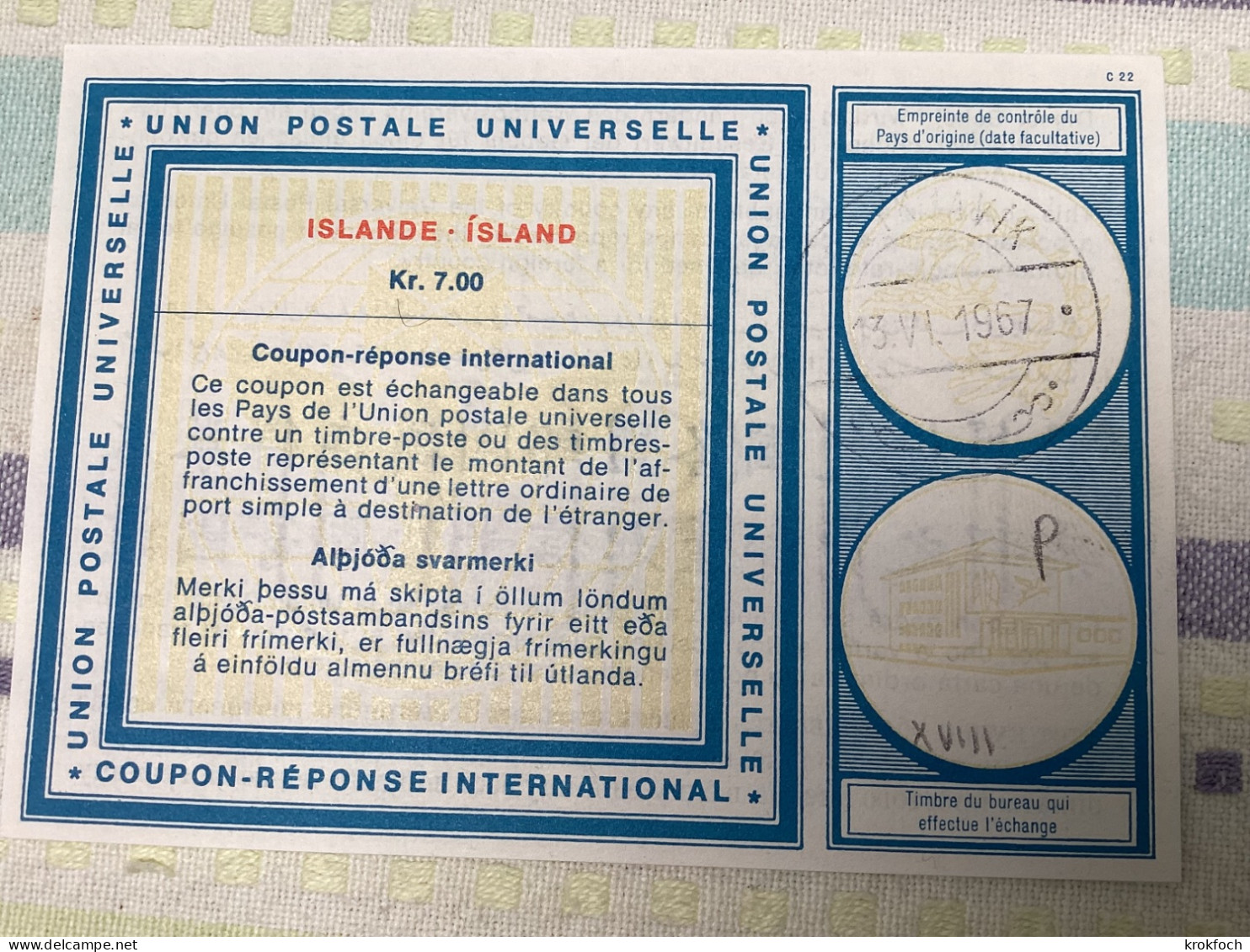 Islande 1967 - Coupon-réponse Type Vienne 18 - 7 Kr. - CRI IRC IAS - Reykjavik - Entiers Postaux