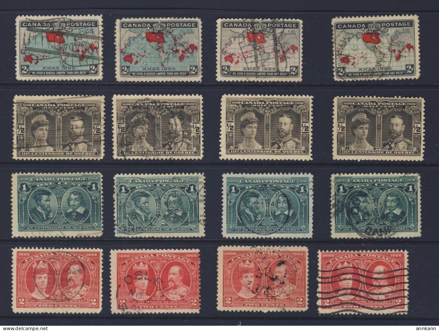 16x Canada Stamps 4x Each 1898 Map #86 1908 Quebec #96-97-98 Cat. Value= $82.00 - Gebraucht