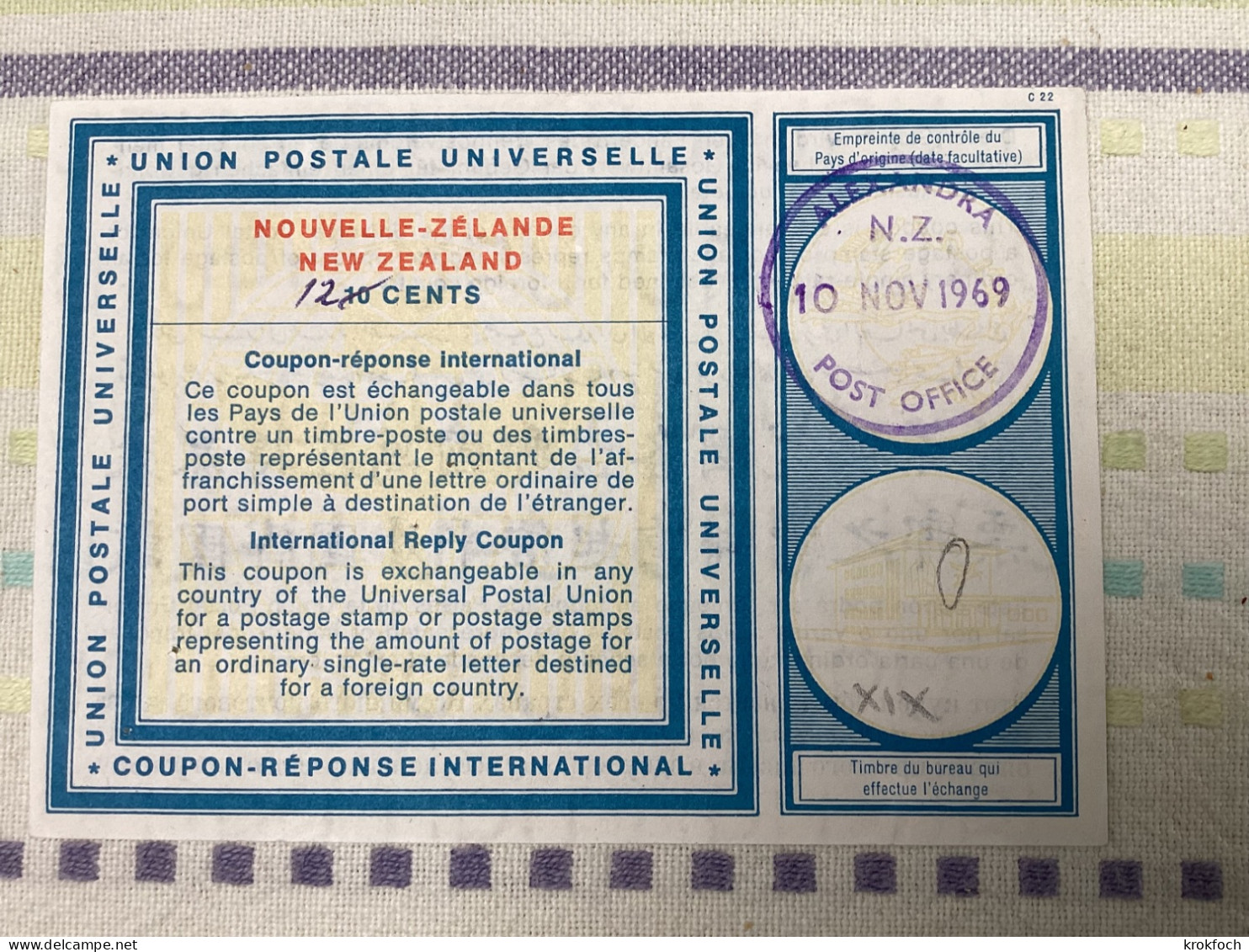 NZ 1969 - Coupon-réponse Type Vienne 19 - 10 Cents Corrigé 12 - CRI IRC IAS - Alexandra - Postal Stationery