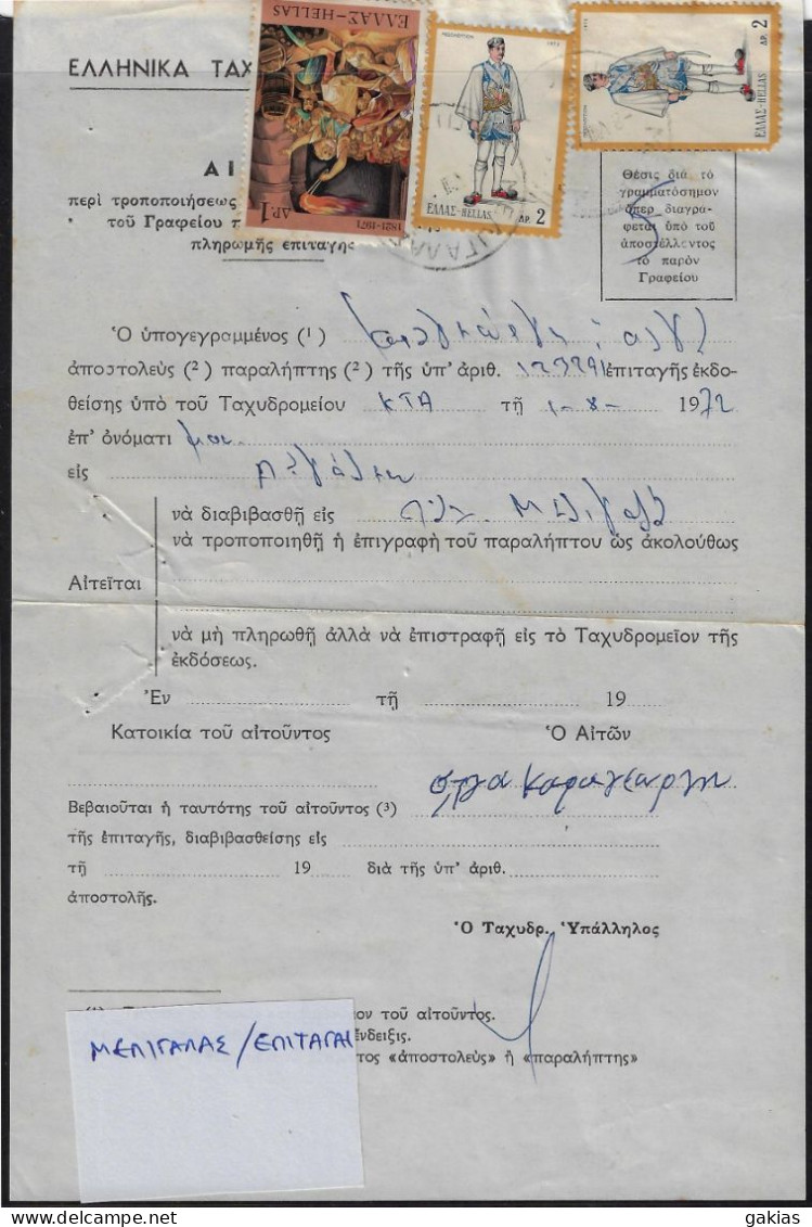 Greece 1972, Pmk ΜΕΛΙΓΑΛΑΣ ΕΠΙΤΑΓΑΙ On Post Form Of Money Order For Special Use. FINE. - Lettres & Documents