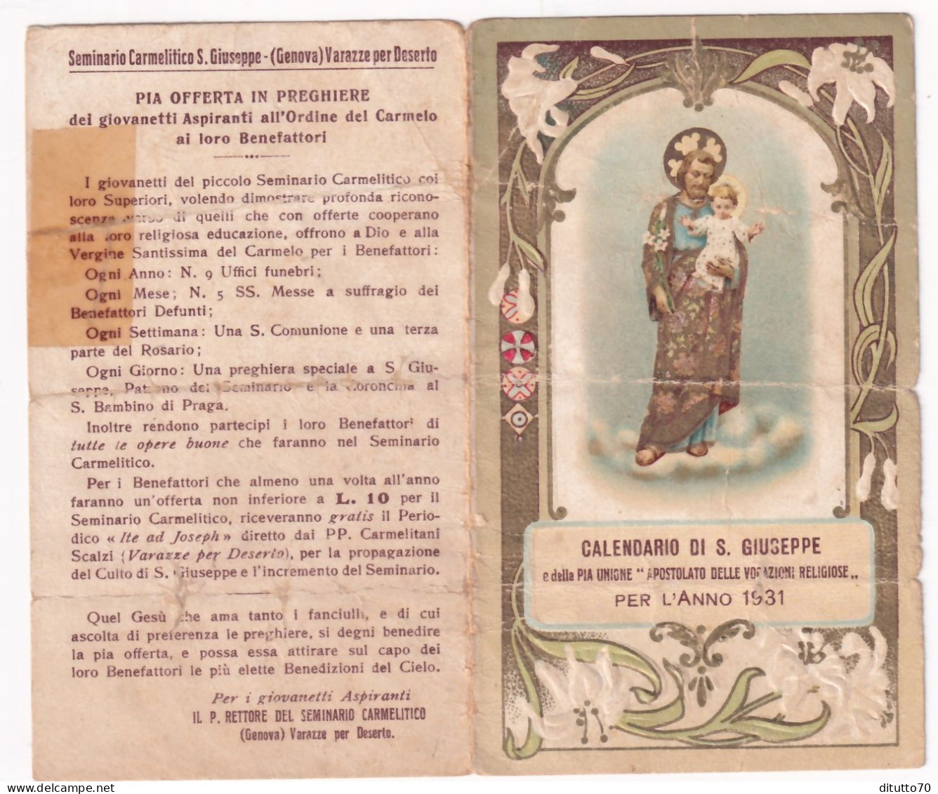 Calendarietto - Seminario Carmelitano S.giuseppe-genova - Varazze Per Deserto - Anno 1931 - Formato Piccolo : 1921-40