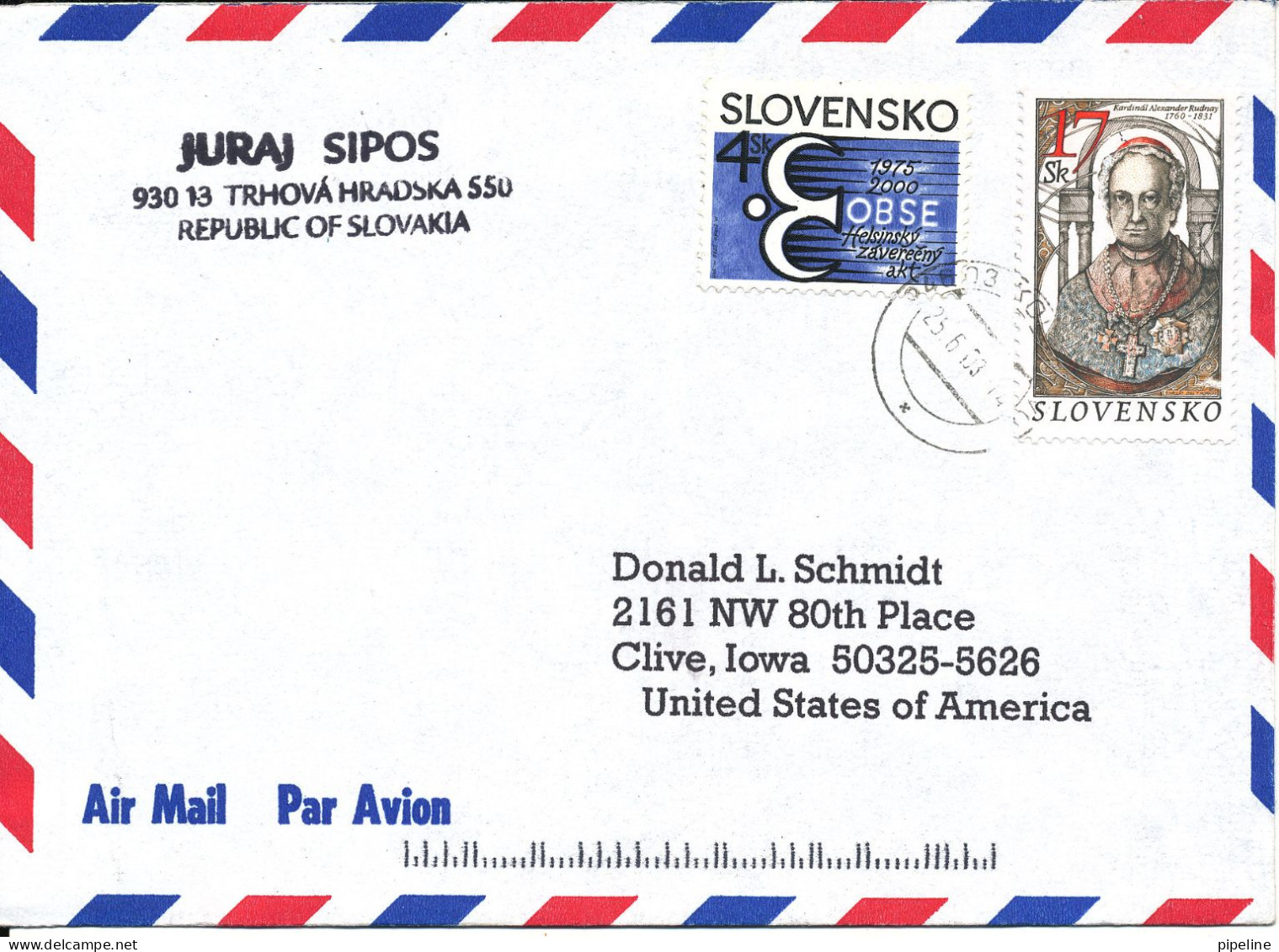 Slovakia Air Mail Cover Sent To USA 25-6-2003 With Stamp From A Mini Sheet - Covers & Documents