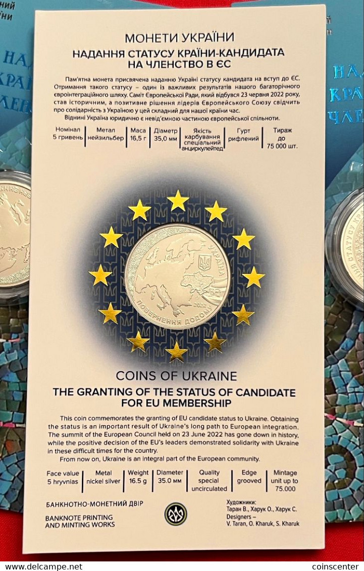 Ukraine 5 Hryvnias 2022 "Candidate For EU Membership" Coincard UNC - Ucrania