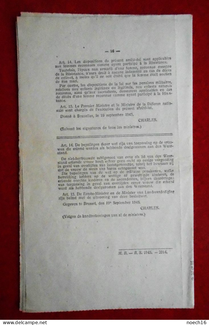 Arrêté-loi 1945. Statut De La Résistance Armée. Envoyé Par Le Major Genevrois Chef Mouvement ONAP -> Marchienne Au Pont - Documents