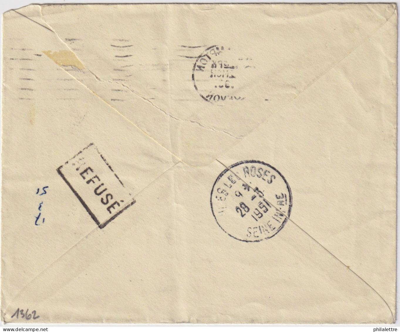FRANCE 1951 LSC D'Angleterre Sous-affranchie (2-1/2d Pour 4d) Taxée 17f à Veules-les-Roses, Refusée, Taxée 4d Au Retour - 1859-1959 Covers & Documents
