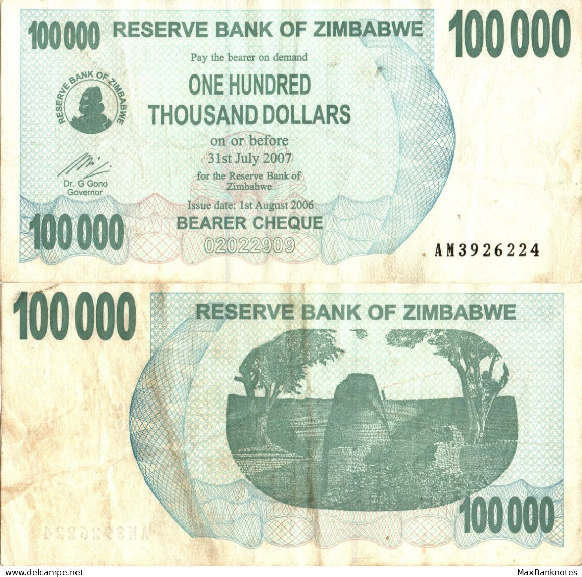 Zimbabwe / 100.000 Dollars / 2007 / P-48(b) / VF - Zimbabwe