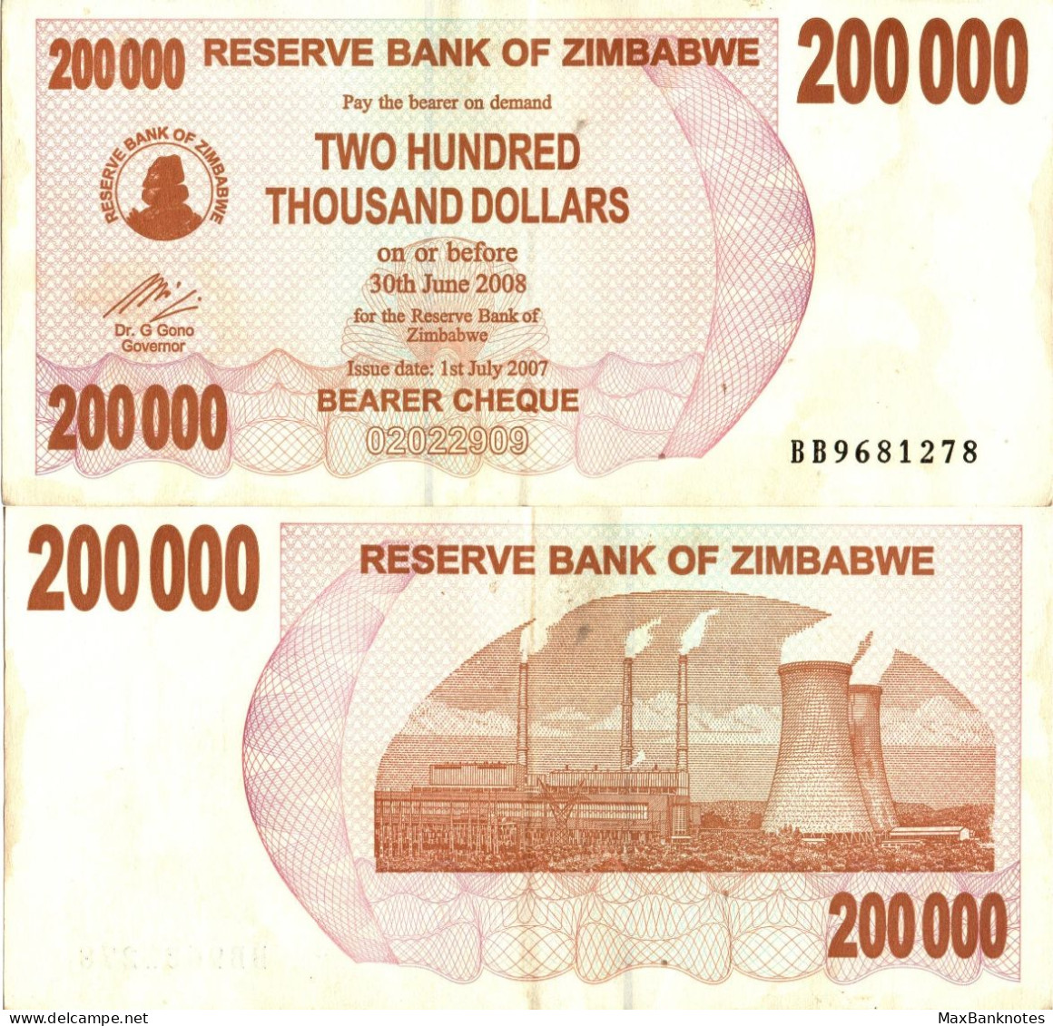 Zimbabwe / 200.000 Dollars / 2007 / P-49(a) / VF - Zimbabwe