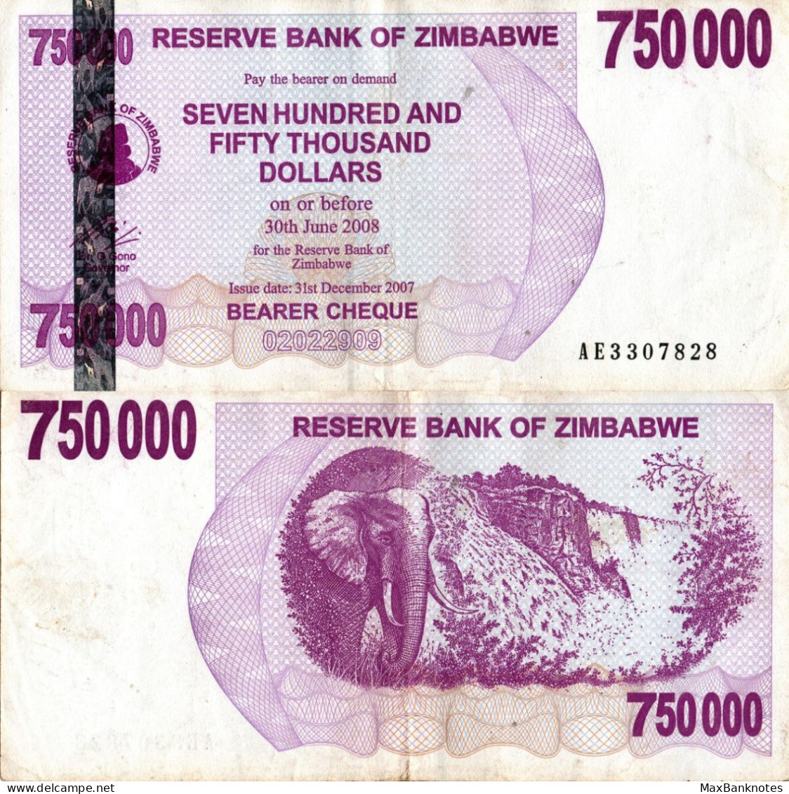 Zimbabwe / 750.000 Dollars / 2007 / P-52(a) / VF - Zimbabwe