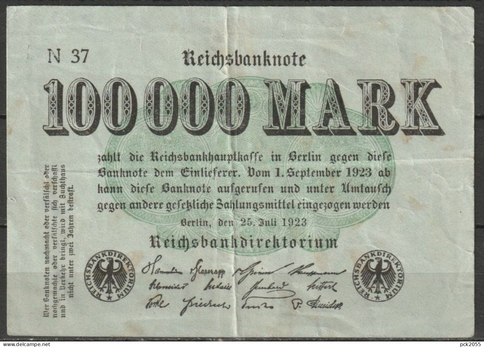 DR.100000 Mark Reichsbanknote 25.7.1923 Ros.Nr.90a, P 91 ( D 6622 ) - 20000 Mark