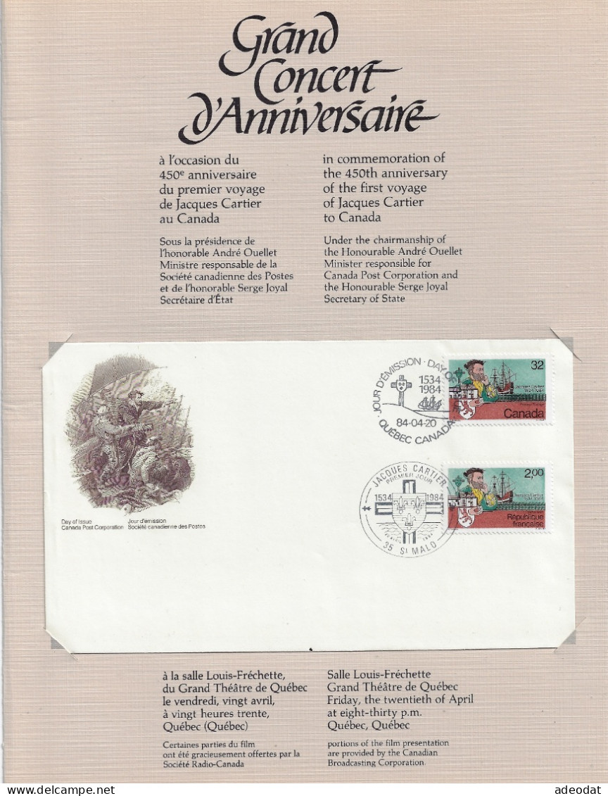 CANADA 1984 450th ANNIVERSARY JACQUES CARTIER FIRST VOYAGE TO CANADA  FDC FRANCE & CANADA ISSUES SCOTT#1011 - 1981-1990