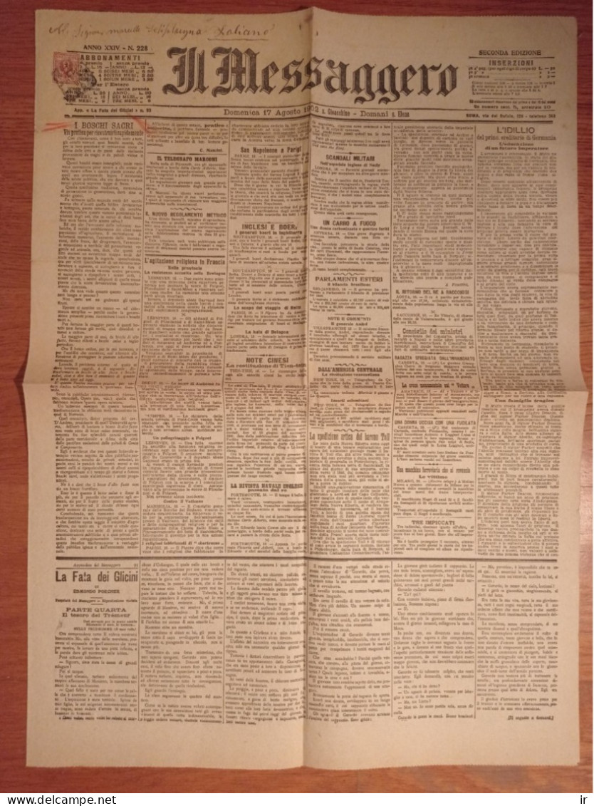 Il Messaggero 1902, 17 Agosto. 4 Facciate, Dimensioni 55x40 Cm - Premières éditions