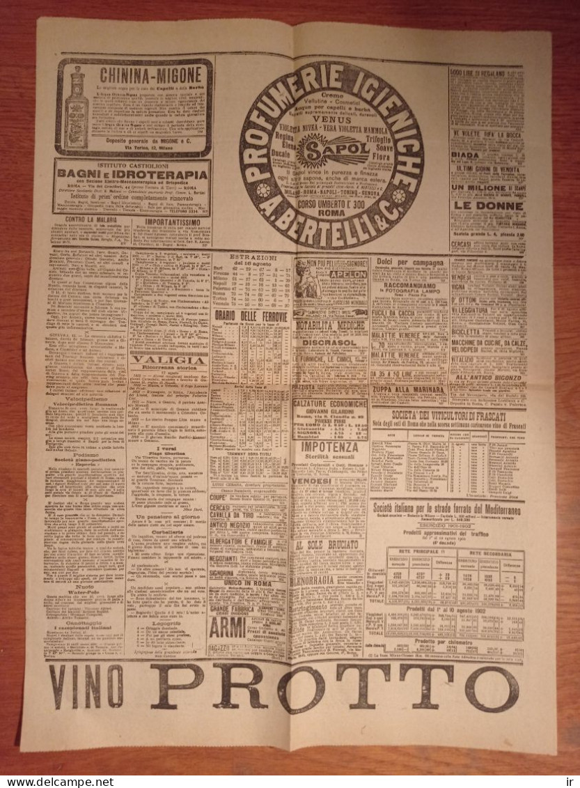 Il Messaggero 1902, 17 Agosto. 4 Facciate, Dimensioni 55x40 Cm - Premières éditions