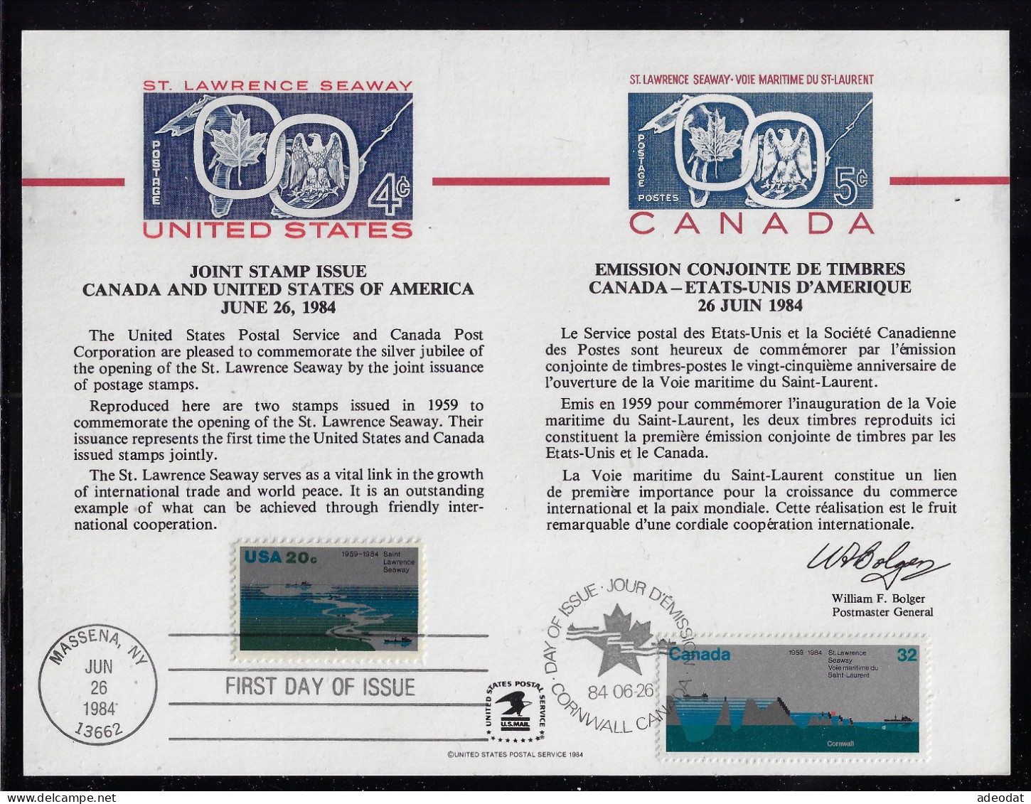 CANADA 1984 SILVER JUBILEE St. LAWRENCE SEAWAY  JOINT STAMP ISSUE USA & CANADA SCOTT CDA #1045 USA#2091 - 1981-1990