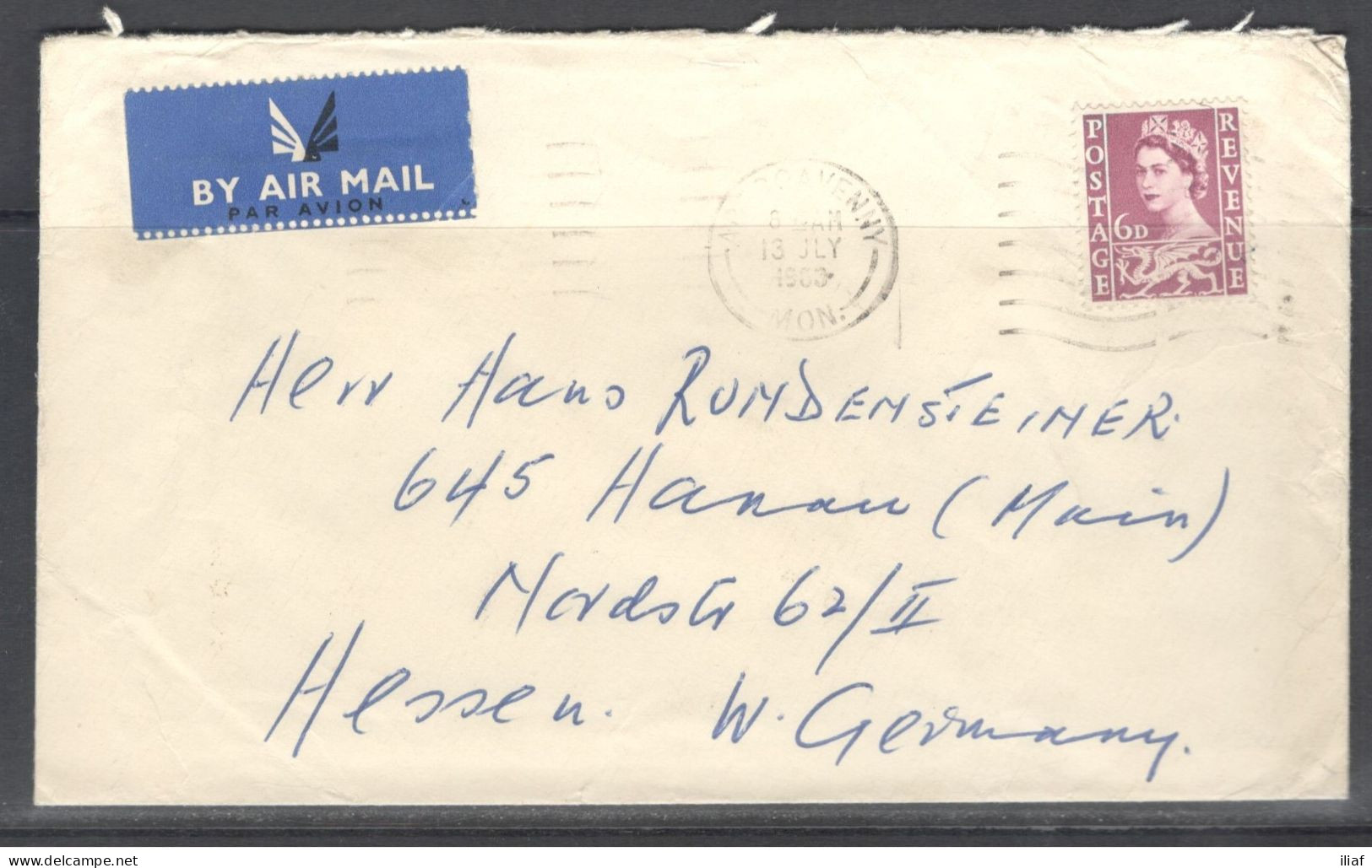 Great Britain - United Kingdom - Wales. Stamp Sc. W3 On Letter, Sent From Newport On 13.07.1963 To Germany - Pays De Galles