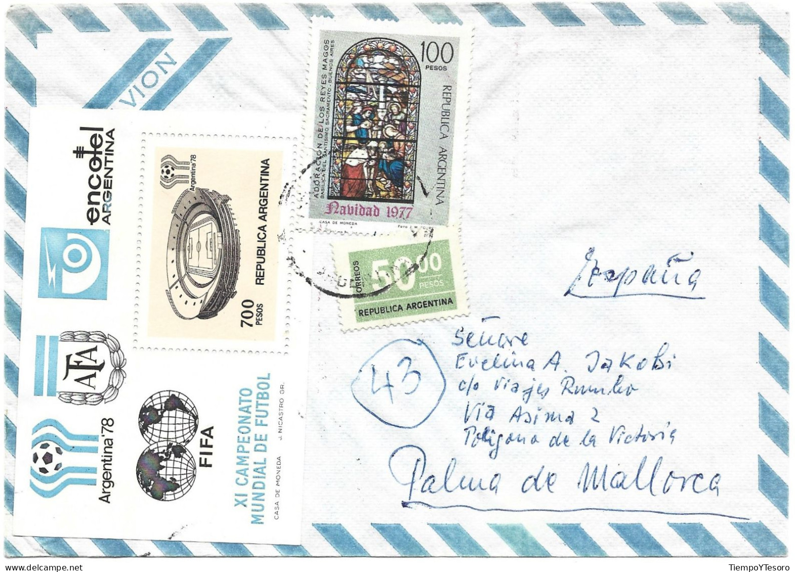 Correspondence - Argentina To Spain, Palma De Mallorca, FIFA Stamps, 1978, N°219 - Gebraucht