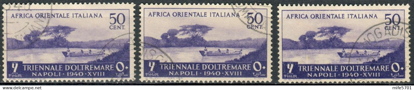 REGNO AFRICA ORIENTALE ITALIANA 1940 A.O.I. - 1ª MOSTRA TRIENNALE D'OLTREMARE 3 ESEMPLARI DA C. 50 USATI - SASSONE 30 - Afrique Orientale Italienne