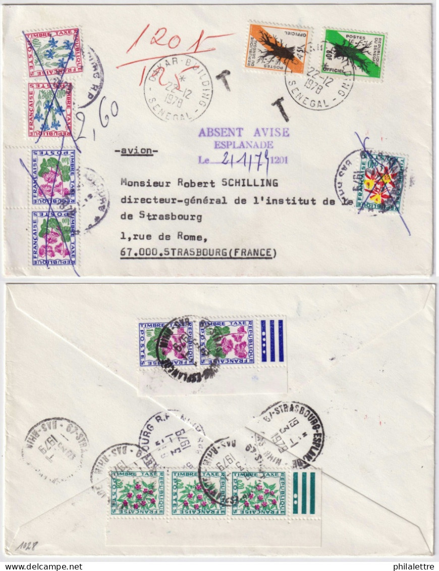 FRANCE 1978 LSC Avion De Dakar à Strasbourg Affranchie En Timbres Officiels Du Sénégal, Taxée 2fr60 (2 Fois) - 1960-.... Cartas & Documentos