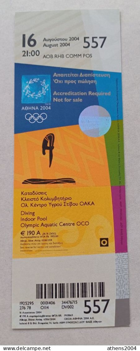 Athens 2004 Olympic Games -  Diving Unused Ticket, Code: 557 - Uniformes Recordatorios & Misc