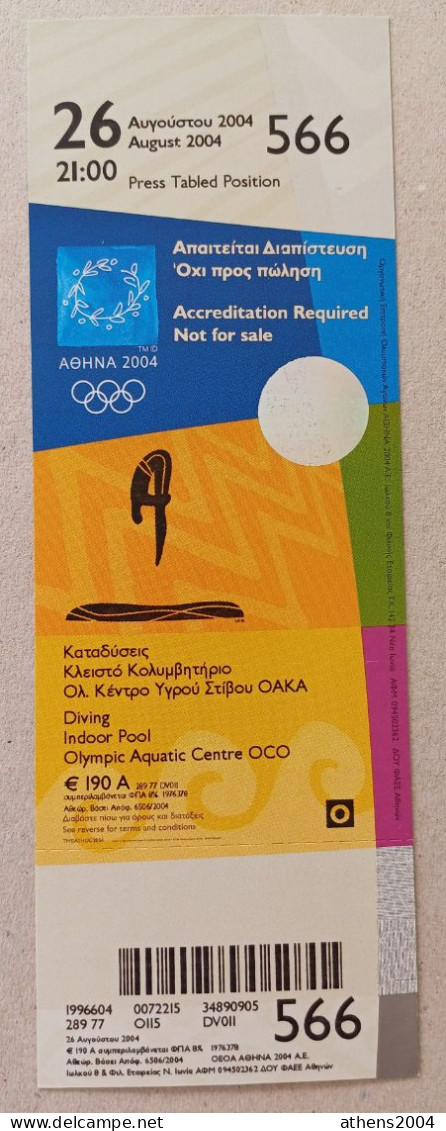 Athens 2004 Olympic Games -  Diving Unused Ticket, Code: 566 - Bekleidung, Souvenirs Und Sonstige