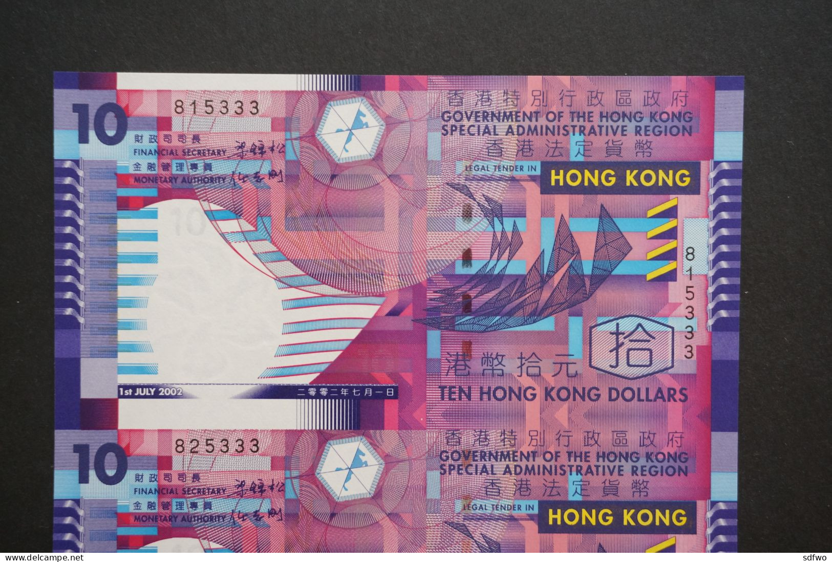 Hong Kong 2002 - New HK$10 Note Charity Collection Issue (3-in-1 Uncut Notes #815333, 825333, 835333) - UNC - Hongkong