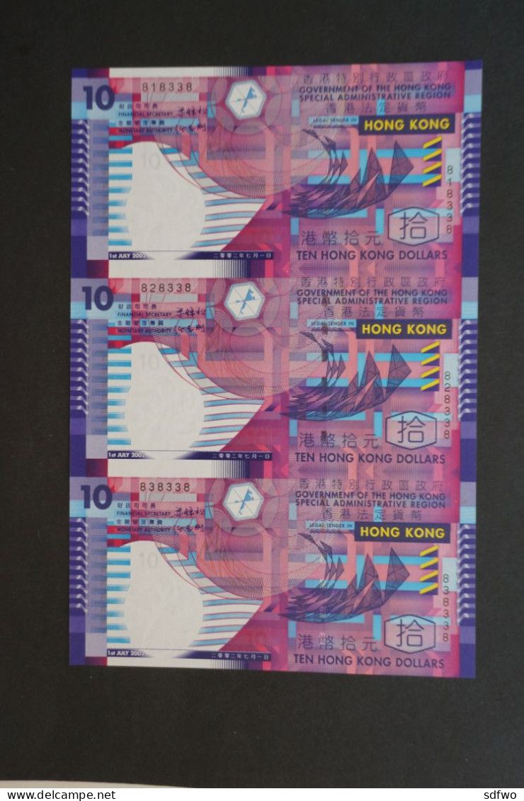 Hong Kong 2002 - New HK$10 Note Charity Collection Issue (3-in-1 Uncut Notes #818338, 828338, 838338) - UNC - Hongkong