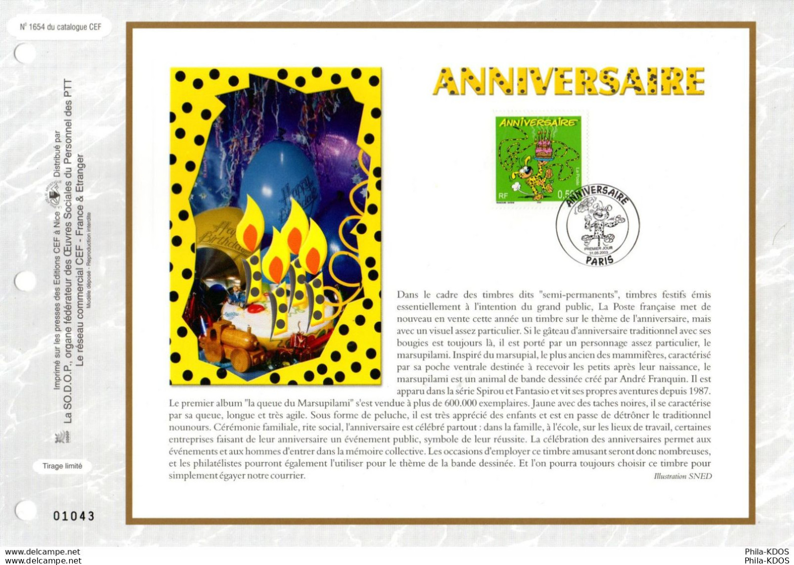 " MARSUPILAMI " Sur Feuillet CEF 1er Jour N°té De 2003 N° YT 3569 En Parfait état. - Fumetti