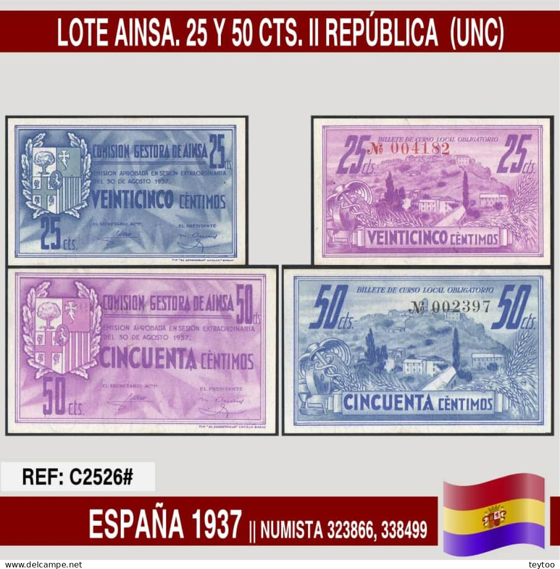 C2526# España 1937. Lote Billetes Ainsa. 25 Y 50 Cts. II República (UNC) - Verzamelingen