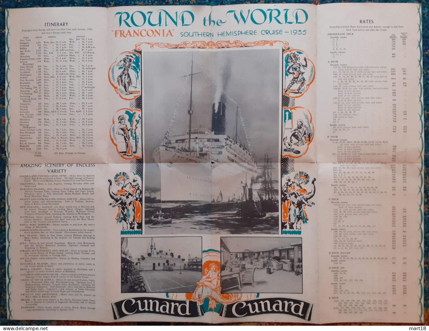 Plaquette - CUNARD Round The World - 1935 - Paquebot FRANCONIA - - Andere & Zonder Classificatie