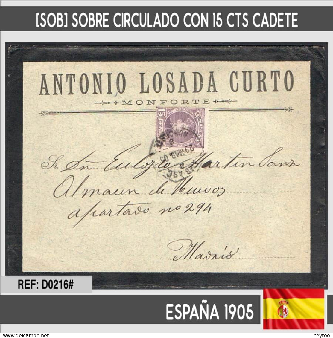 D0216# España 1905. [SOB] Sobre Circulado Con 15 Cts Cadete Y Matasellos Ambulante - Otros & Sin Clasificación