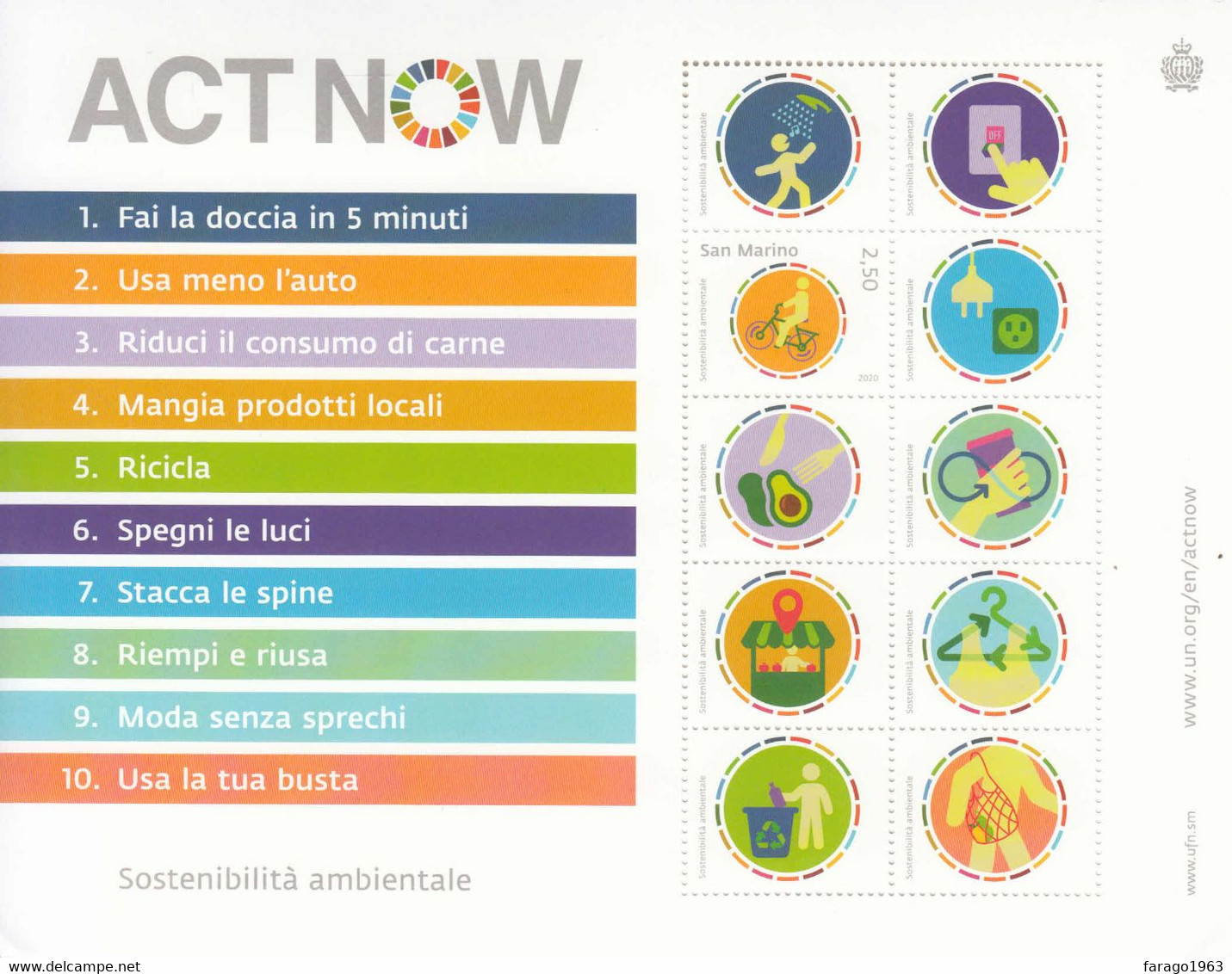 2020 San Marino UN ACT NOW Climate Change Environment Miniature Sheet Of 1 + 9 Labels MNH @ FACE VALUE - Nuovi