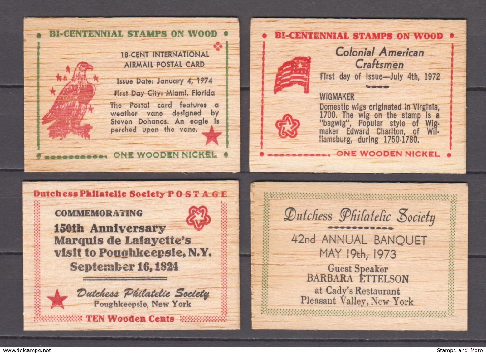 USA - set of 13 stamp replica's on wood (Dutchess Philatelic Society, New York)