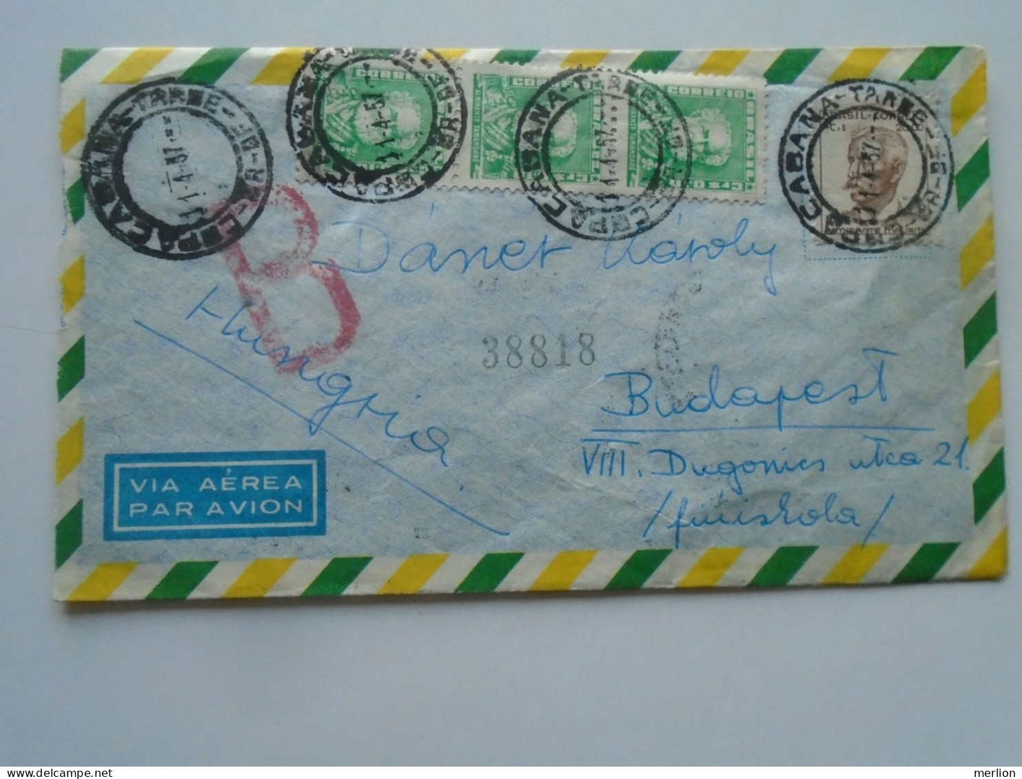 D200596 Brasil Brazil Registered Cover 1957 Rio De Janeiro  Magda Düppong-sent To Hungary  Dánér Károly - Lettres & Documents