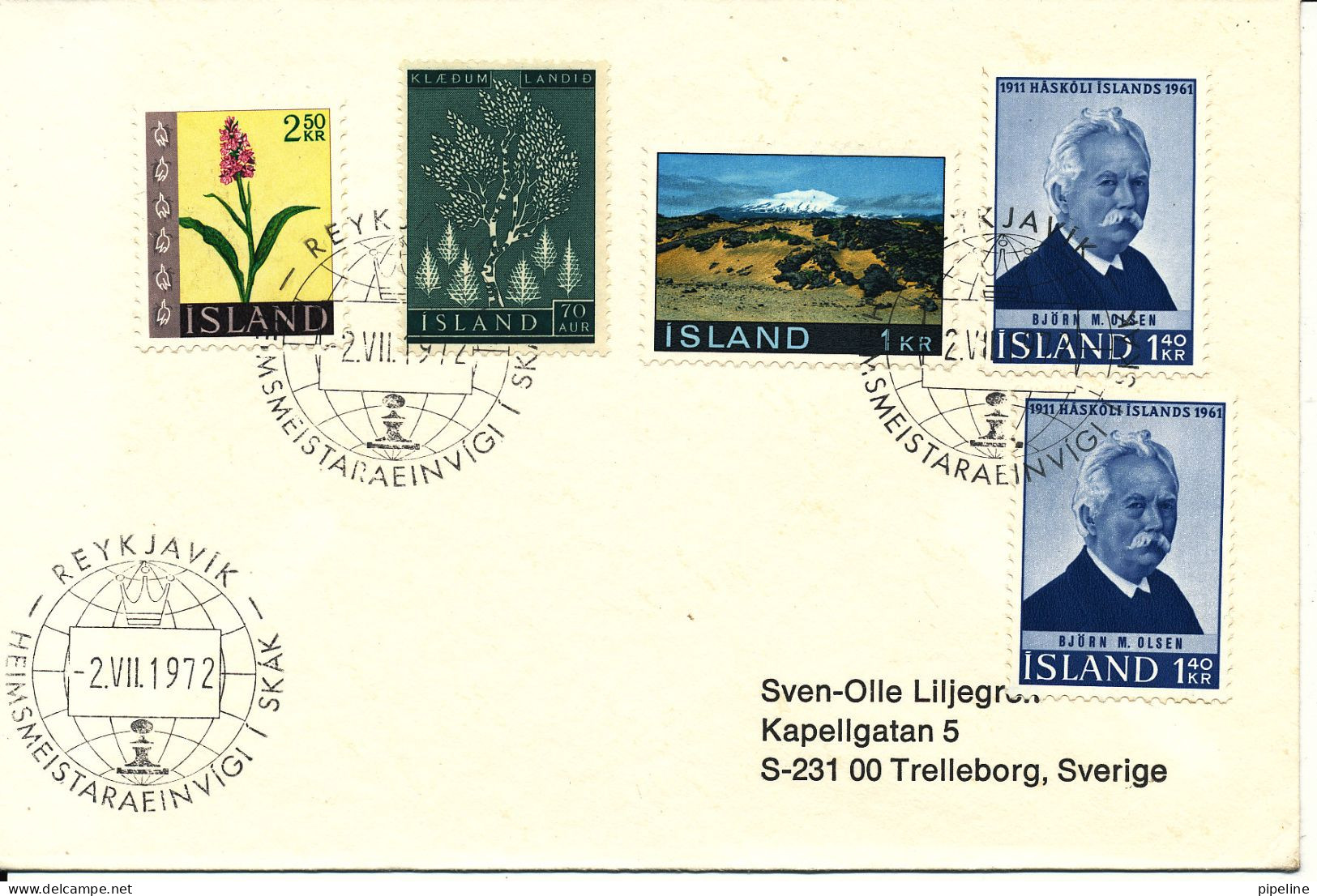 Iceland Cover Reykjavik 2-7-1972 World CHESS Championship Spassky - Fischer With More Stamps Sent To Sweden - Echecs