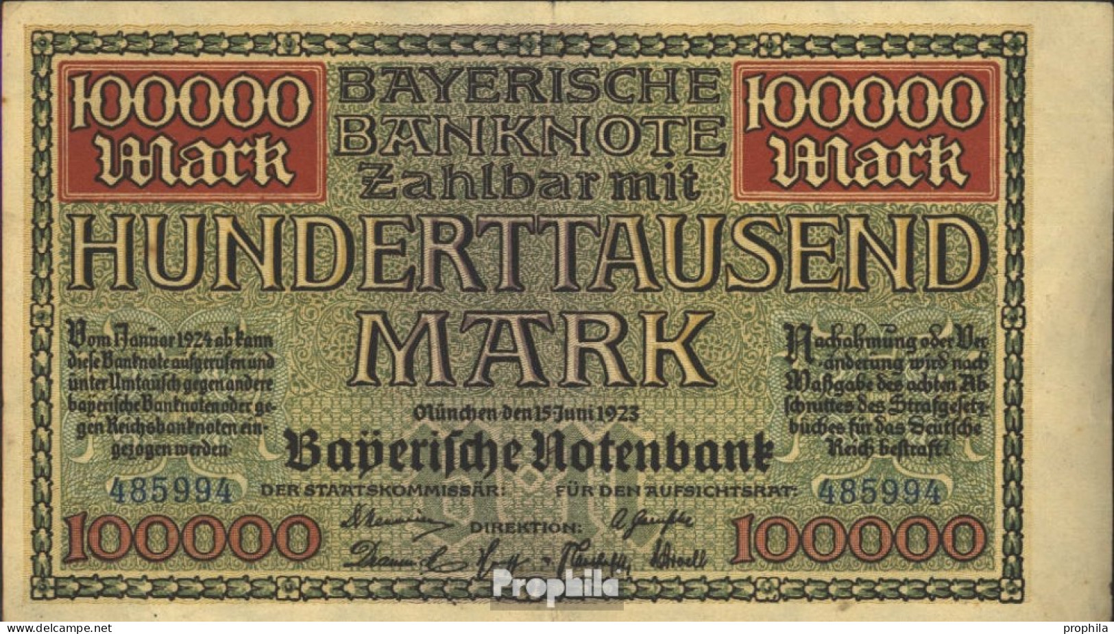 Bayern Rosenbg: BAY9, Länderbanknote Bayern Gebraucht (III) 1923 100.000 Mark - Andere & Zonder Classificatie