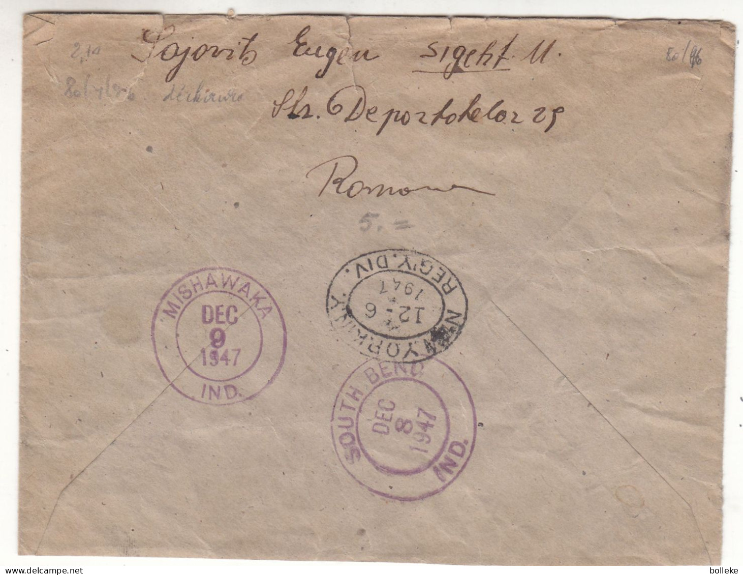 Roumanie - Lettre Recom De 1947 - Oblit Sighet - Exp Vers Mishawaka - Cachets De New York Et South Bend - - Storia Postale