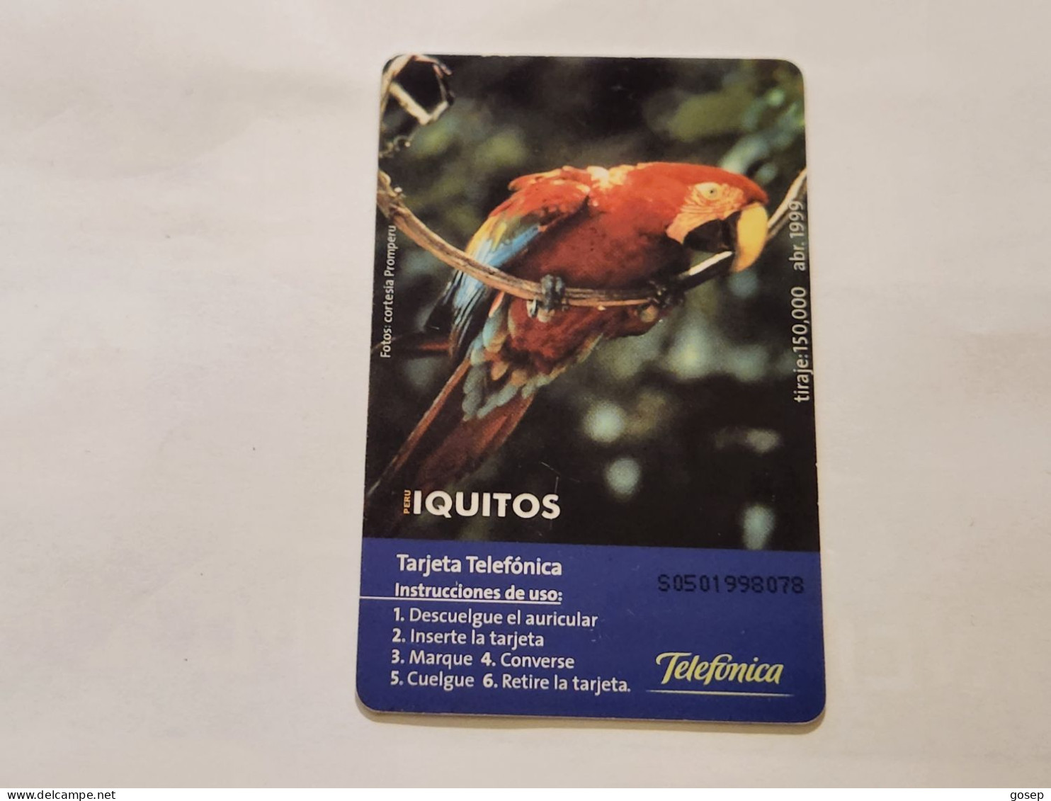 PERU-(PER-TE-49B)-Iquitos-Parrot-(80)(5 SOLES)(SO501998078)(tirage-150.00)-used Card+1cars Prepiad,free - Pérou