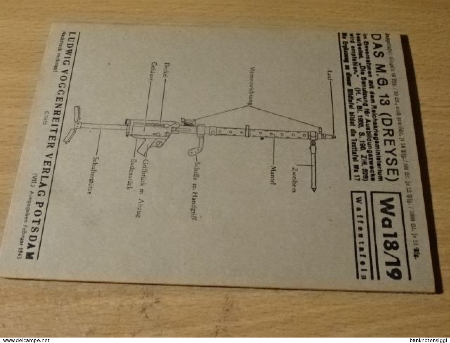 1 Originale Waffentafel. Das M.G. 13  (DREYSE) 1943. - Ausrüstung