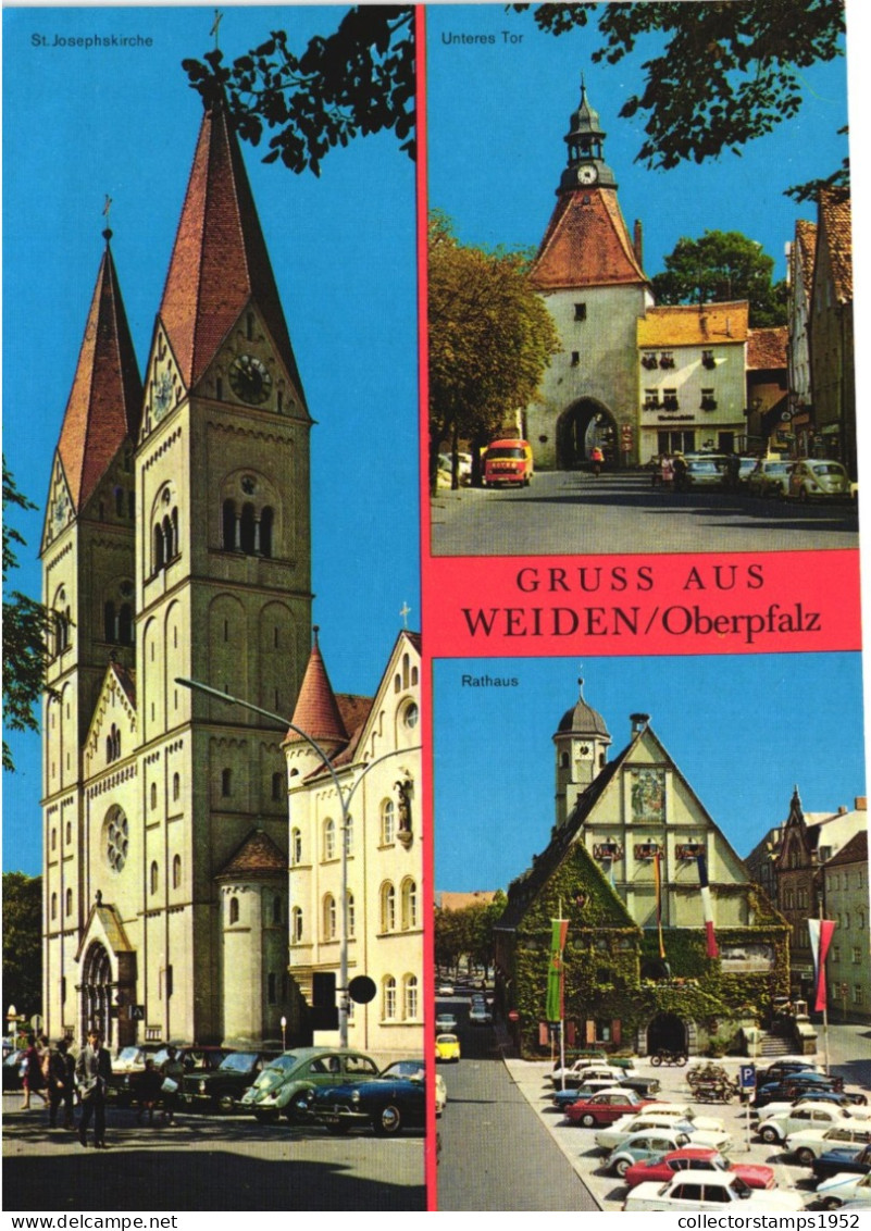 WEIDEN I. D. OBERPFALZ, BAVARIA, MULTIPLE VIEWS, CHURCH, TOWER WITH CLOCK, CARS, ARCHITECTURE, GATE, GERMANY, POSTCARD - Weiden I. D. Oberpfalz