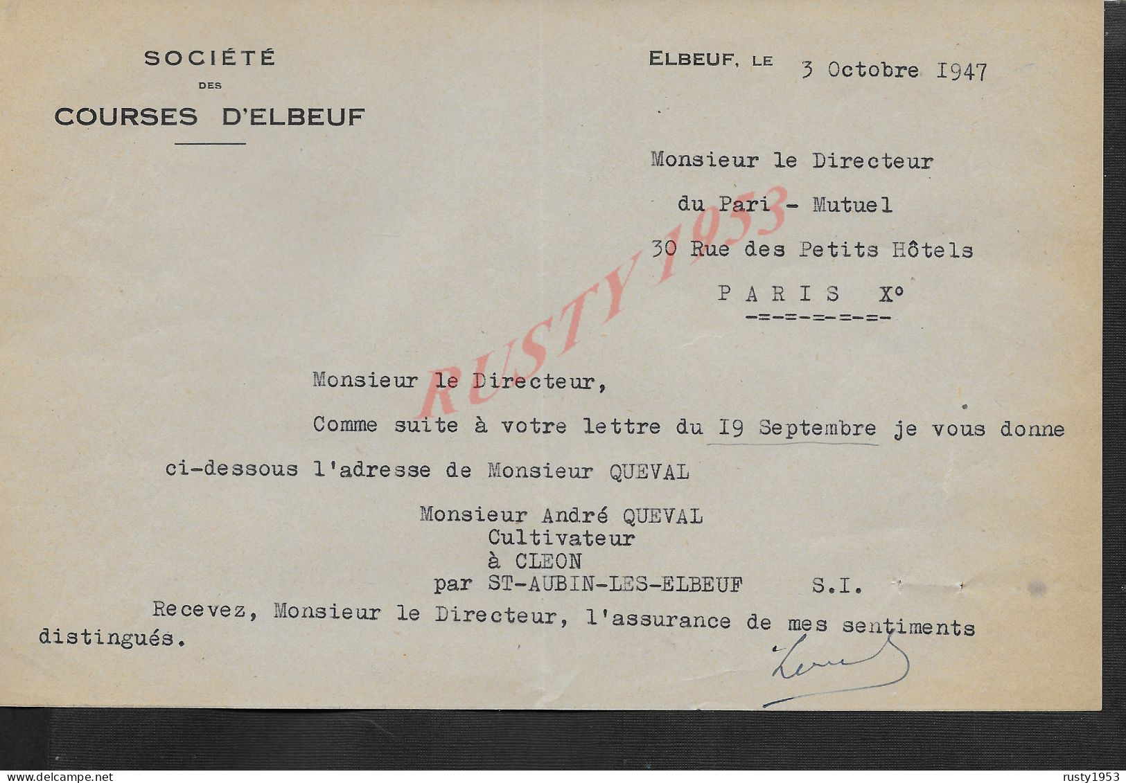 EQUITATION HIPPISME  LETTRE SOCIETE DES COURSE DE CHEVAUX À D ELBEUF 1947 : - Reiten