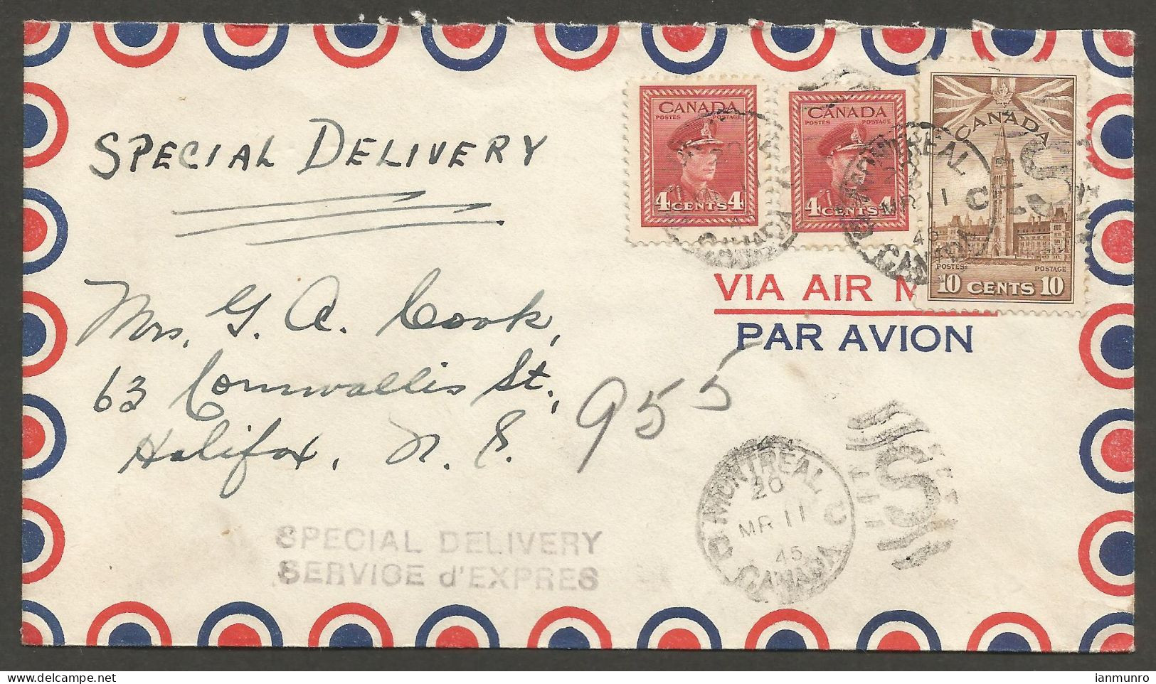 1945 Special Delivery Airmail Cover 18c War Duplex S Montreal PQ To Halifax Nova Scotia - Historia Postale