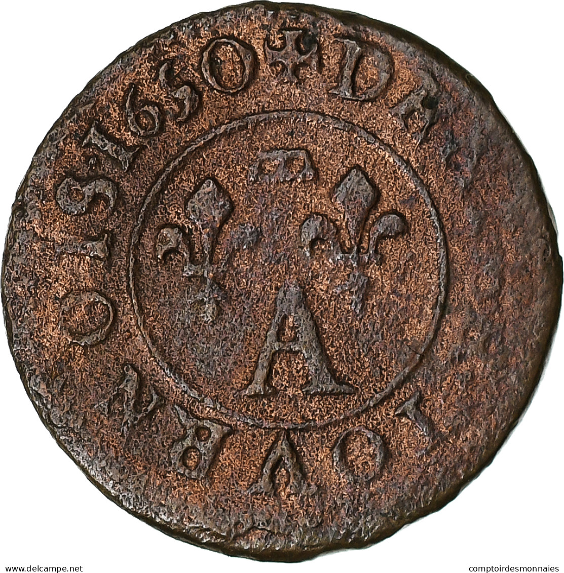 France, DOMBES, Gaston D'Orléans, Denier Tournois, 1650, Trévoux, TB+, Cuivre - Other & Unclassified