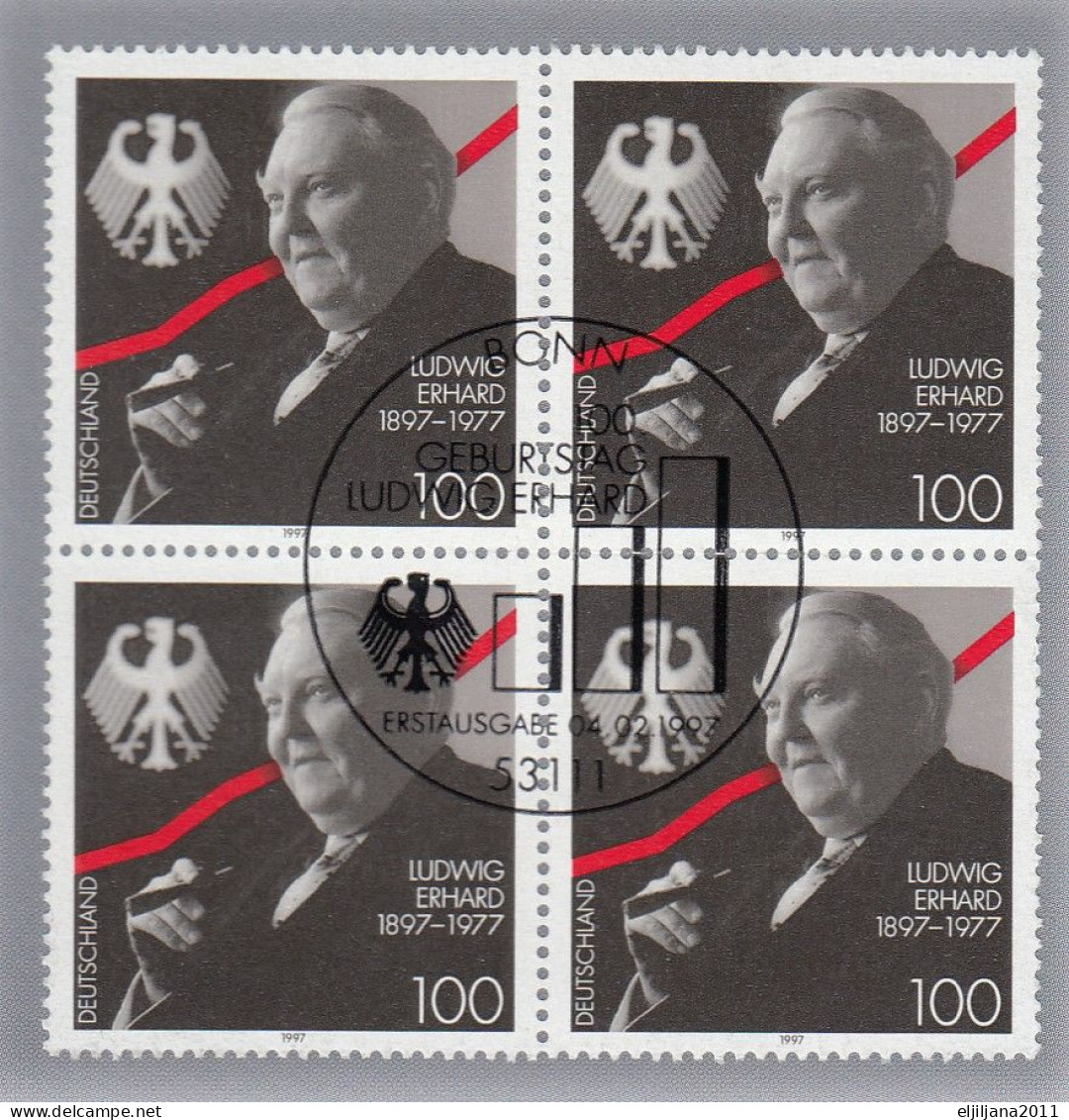 Germany 1997 Mi.1904 X4 ⁕ LUDWIG ERHARD IM VIERERBLOCK IN JUBILÄUMSKARTE GESTEMPELT ⁕ FDC - ERSTTAGSBLATT - Scan - 1991-2000