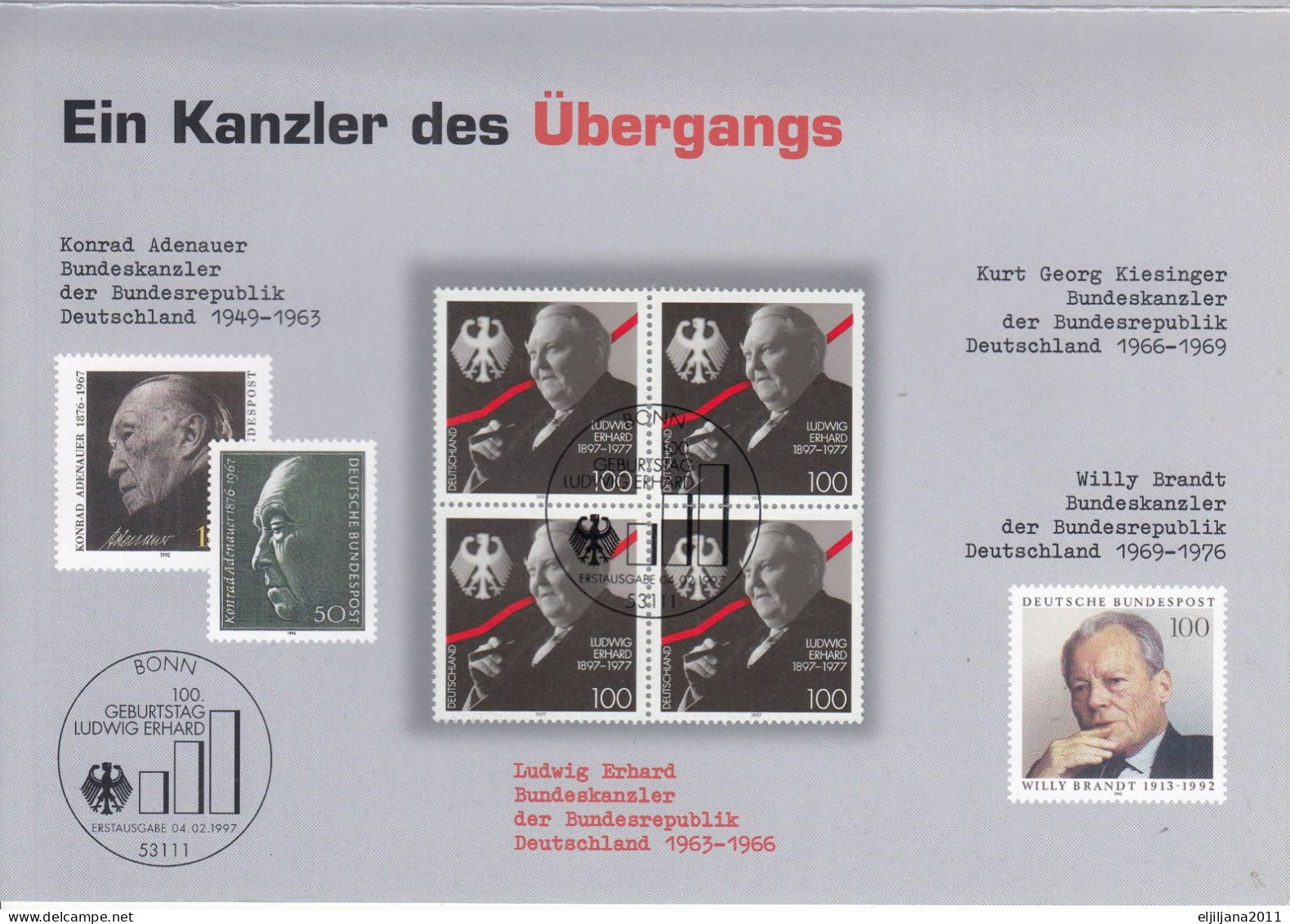 Germany 1997 Mi.1904 x4 ⁕ LUDWIG ERHARD IM VIERERBLOCK IN JUBILÄUMSKARTE GESTEMPELT ⁕ FDC - ERSTTAGSBLATT - scan